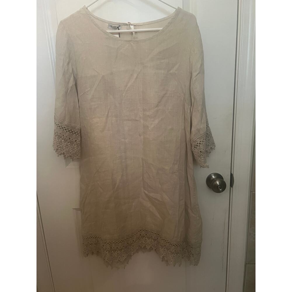 Stella Rosa 100% Linen Dress Crochet Lace Trim Women Size XS Lagenlook Italy